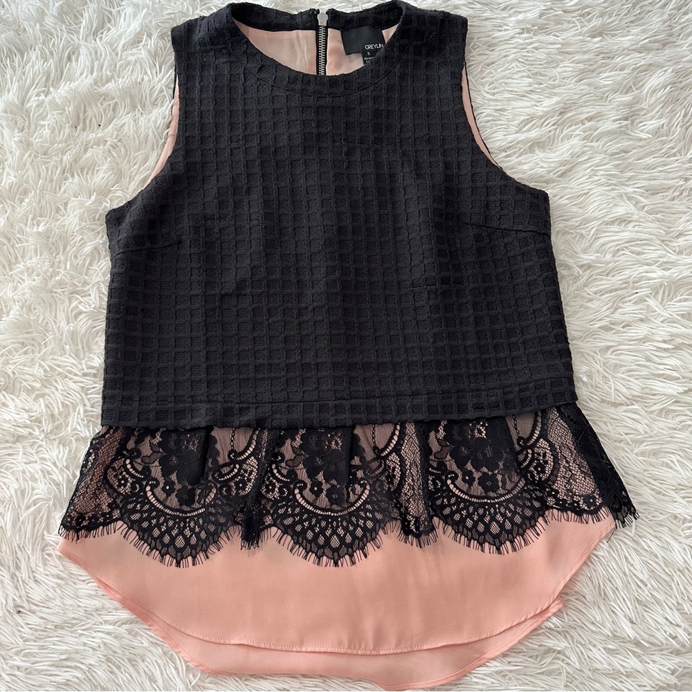 Anthropologie Black Lace-Trim Pink Layered Shell Top